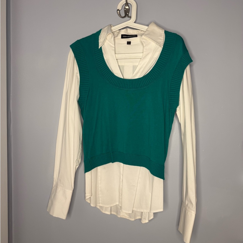 Vintage Express Green Sweater Vest x White Collared Blouse Combo, Large NWT